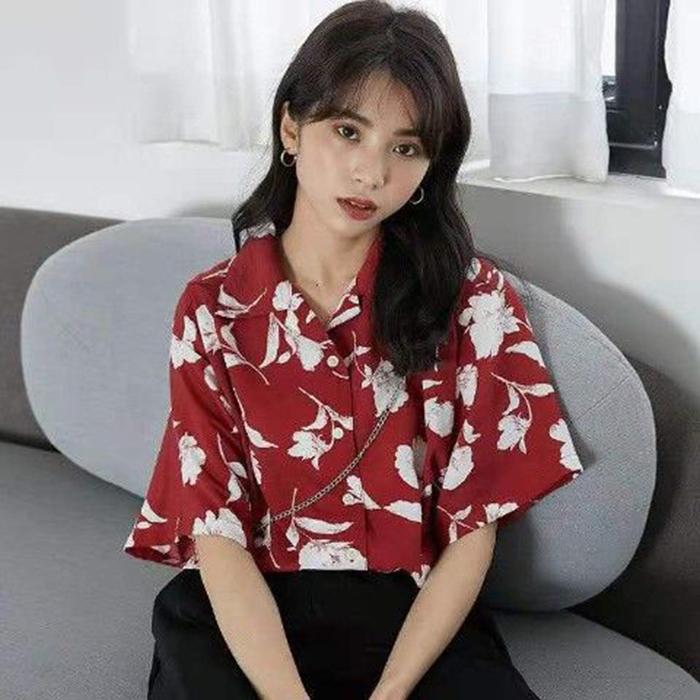 Loose Fit Printed Shirt Women‘s - Short Sleeve Summer Casual Blouse Top