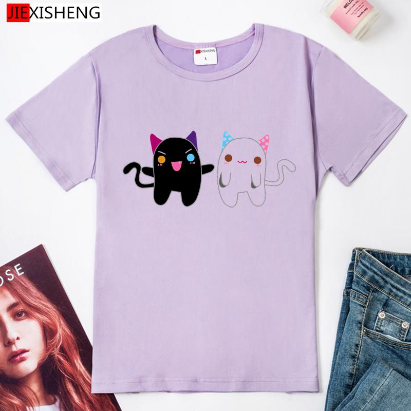Black Cat White Cat Cartoon Print Women T Shirts Plus Size Summer Casual Short Sleeve T-Shirt Girl Tshirt Tops
