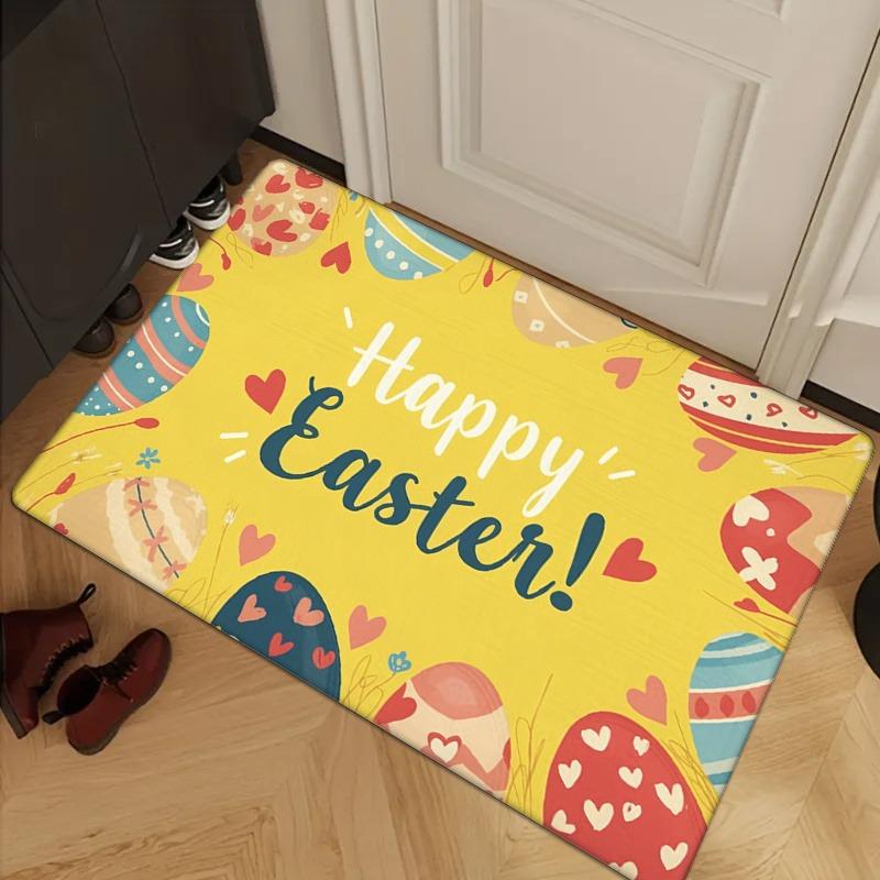 

Vivid Easter welcome mat, non-slip machine washable, yellow and blue festive egg and rabbit design 40x60cm/15.7*23.62inch