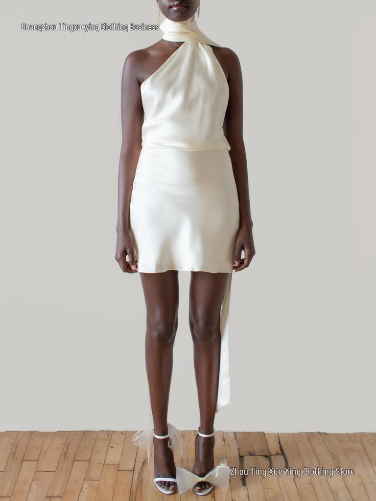 New Cross-Border Formal Dress: Women's Sexy Backless Short Skirt with Adjustable Halter Neck in Satin