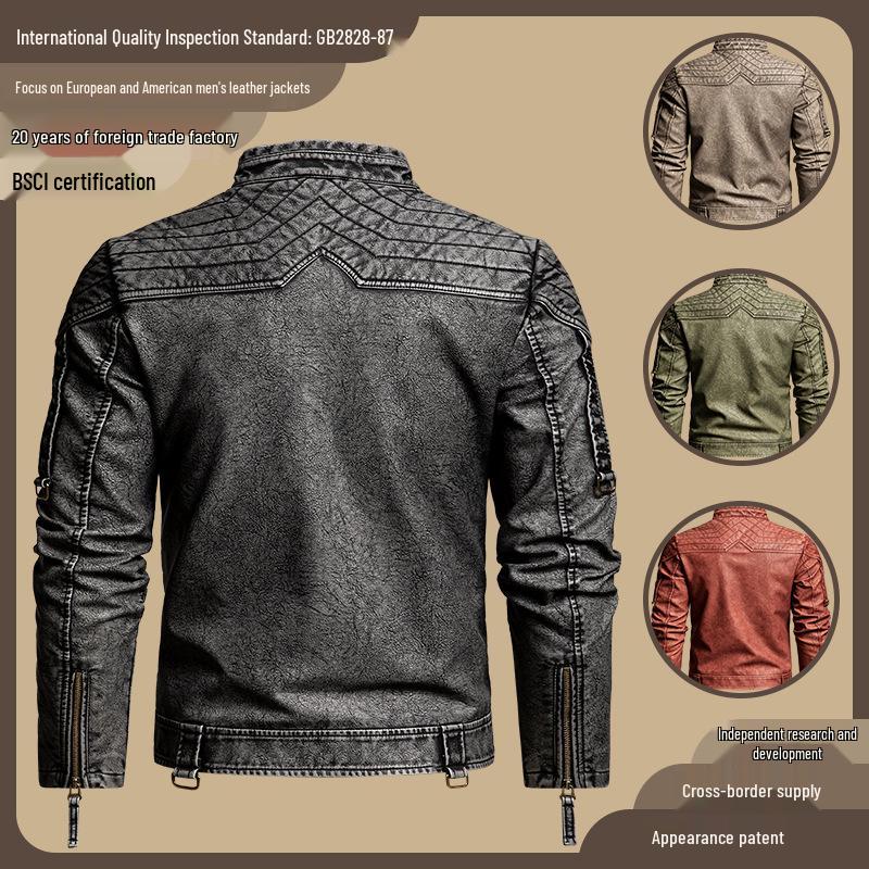 2025 Men's Retro Distressed Motorcycle Leather Jacket - Trendy European American PU Outerwear with Innovative Design