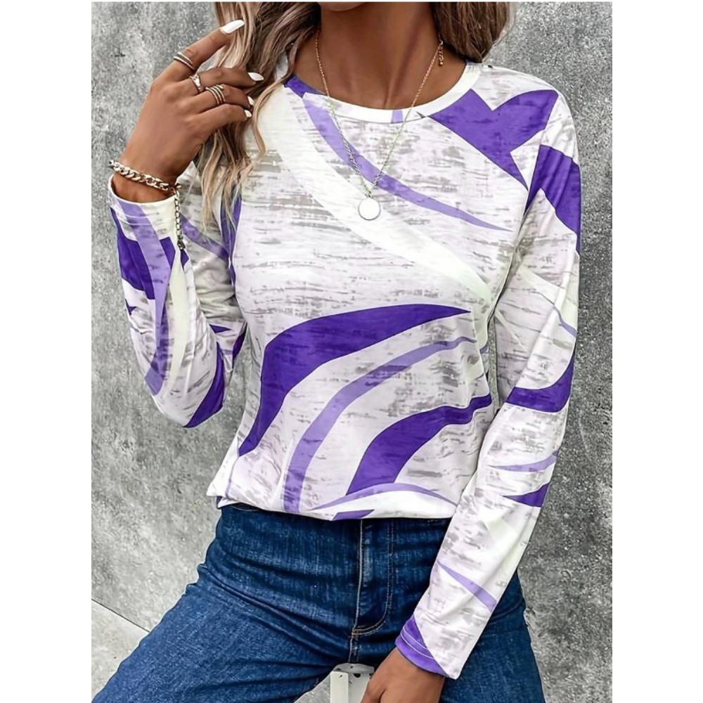 Tops for Women Geometric Pattern Print Round Neck Long Sleeve T-shirt Fall Casual Slim Pullover Women's Long Sleeve Top