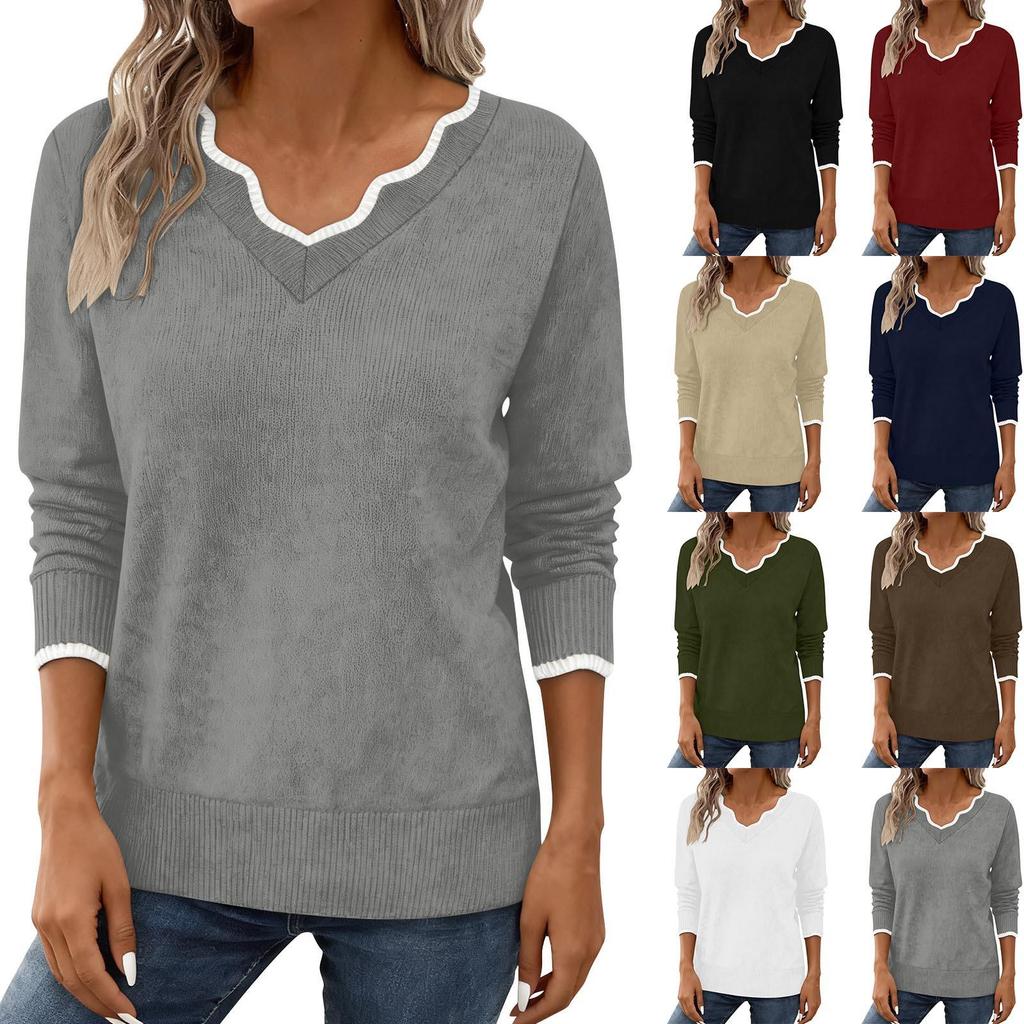 2025 A/W Women's Deep V-neck Color Block Knit Long Sleeve Pullover Sweater