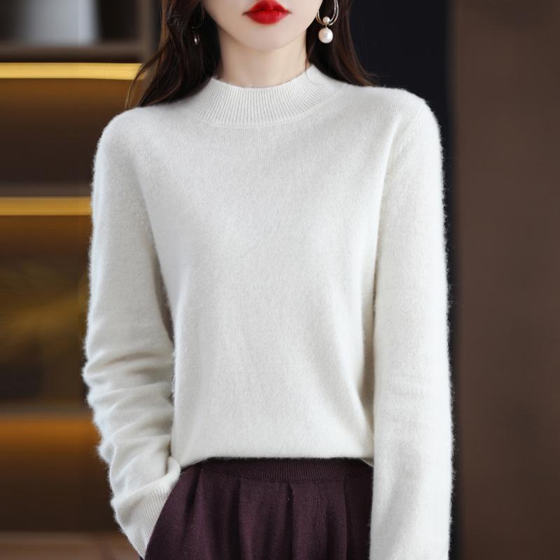 Women's Seamless Pure Wool Half-High Neck Loose Knit Sweater - Autumn Winter Cashmere Base Layer
