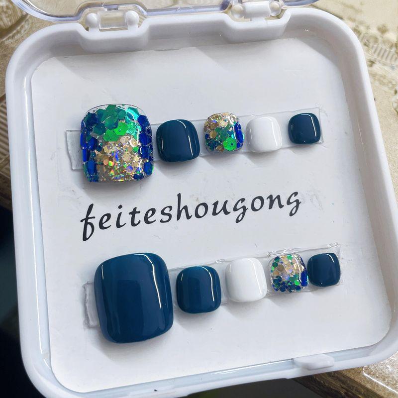

Handmade Wear Nail Toenail Mist Blue Green Light Summer Day White Elegant Toenail Detachable Nail Stickers Fog blue green toenail [L large]]