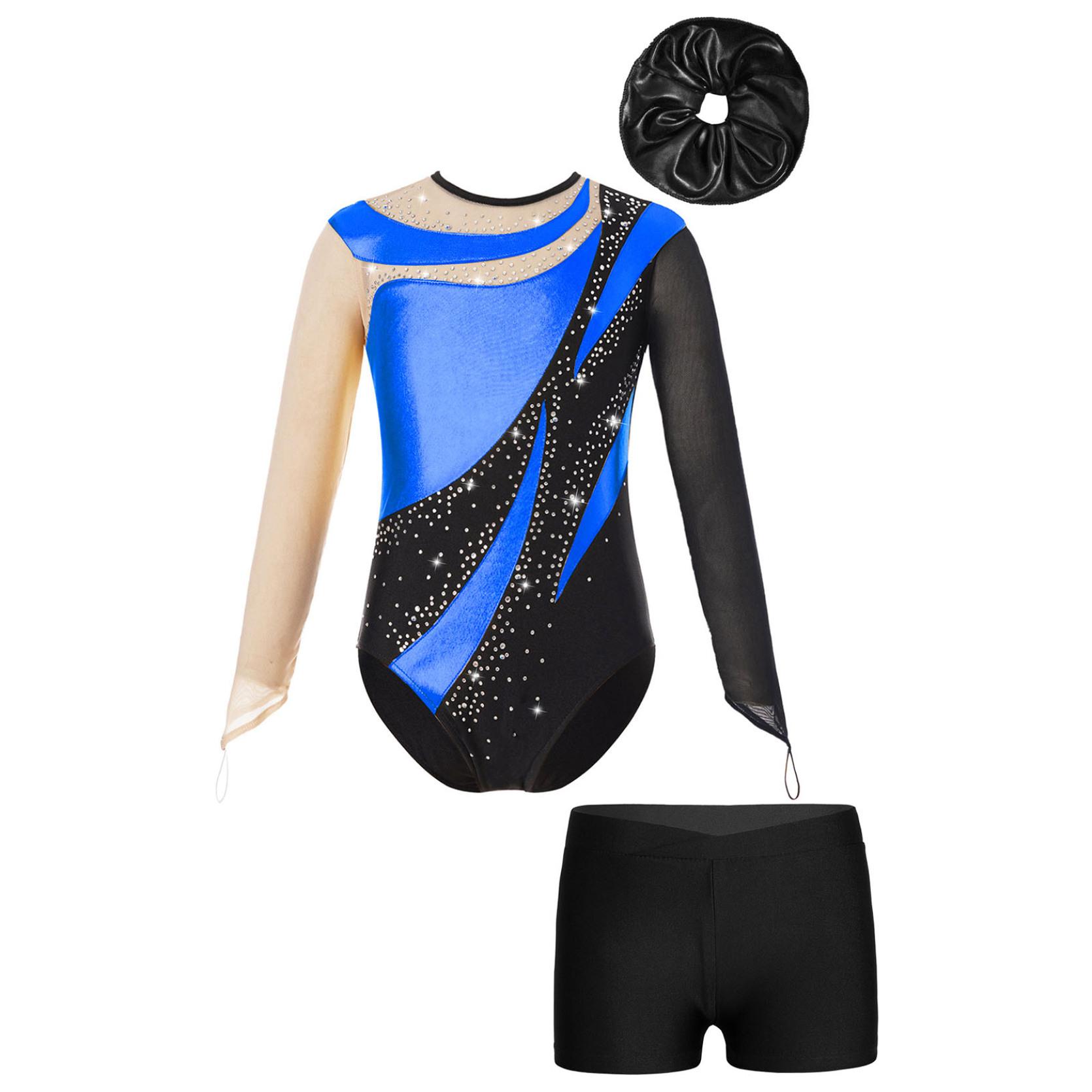 IEFiEL Gymnastiekprestatie-outfit voor kinderen, meisjes, mesh, sleutelgatrug, glanzend turnpakje met V-voorkant, tailleband, shorts en haarband 11-12 Years