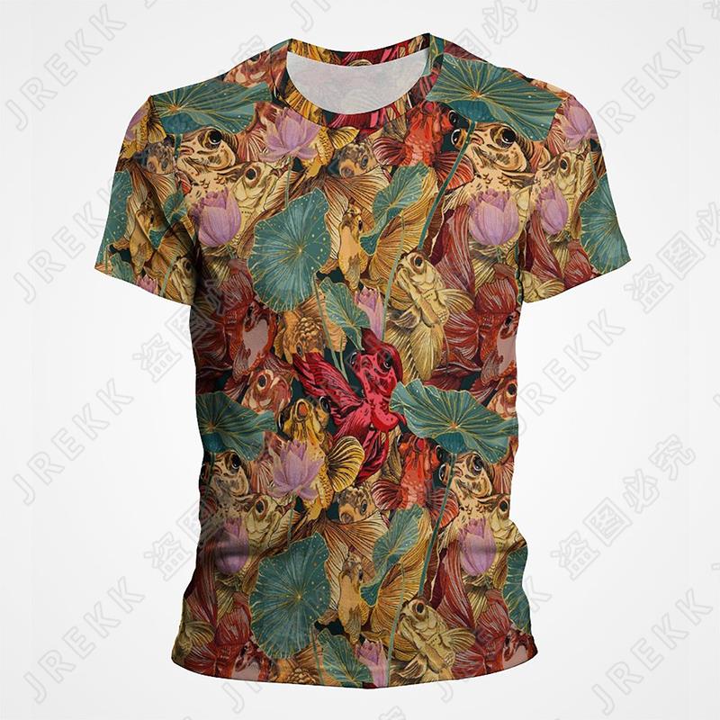 Goldfish and Koi Pattern Printed T-shirt Summer Men's Retro Top Fashion Trend Cool 3D Printed Top T-shirt Pullover