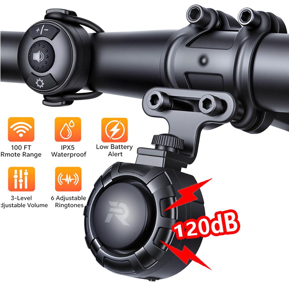 Rockbye Bicycle Electric Bell Horn 120dB USB Charge MTB Scooter Road Bike Handlebar Horn 6 Modes Alarm Ring Remote Control