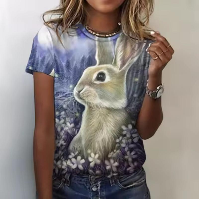 Rabbit Print Women's Top Crew Neck Short Sleeve Comfortable T-Shirts Women’s