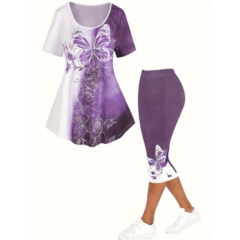 Plus Size Matching Sets Summer Female Large Size Blue Butterfly Print Color T-Shirt Short Sleeve Print Pants Casual Two-Piece Se