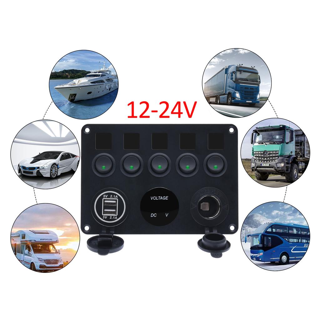Waterproof Marine Boats Rockers Switch Panel 5 Gang with Twin USB Slot Socket 2.1A + Voltmeter for Car s Vehicle