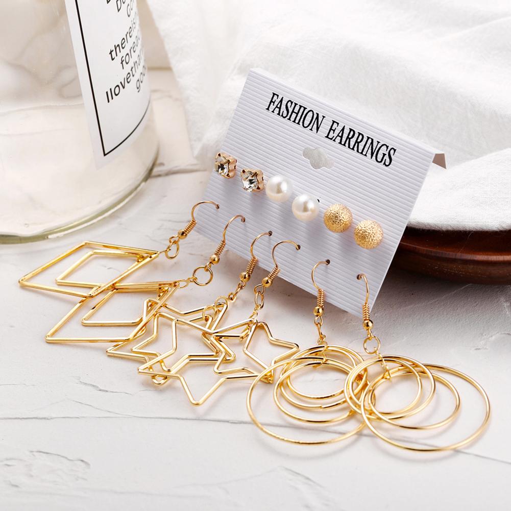 6pairs/set Women Fashion Pearl Five-pointed Star Large Circle Earrings Set