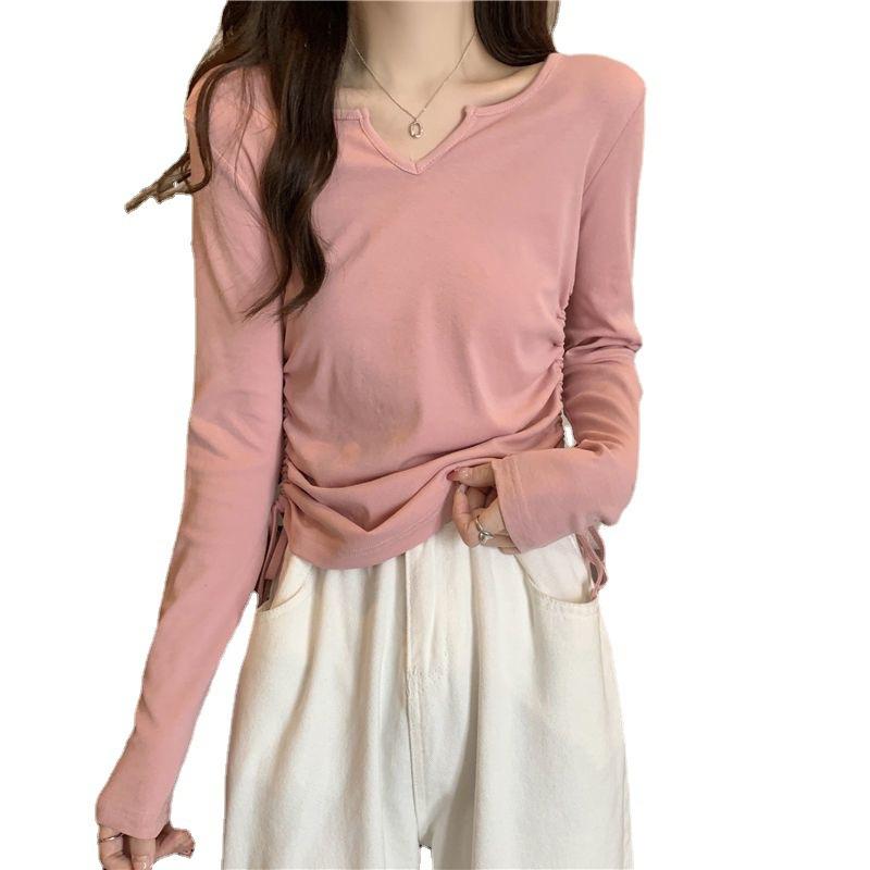 Women's Design Drawstring V-neck T-shirt Early Spring Autumn Short Style Covering the Belly Slimming Long Sleeves Trendy