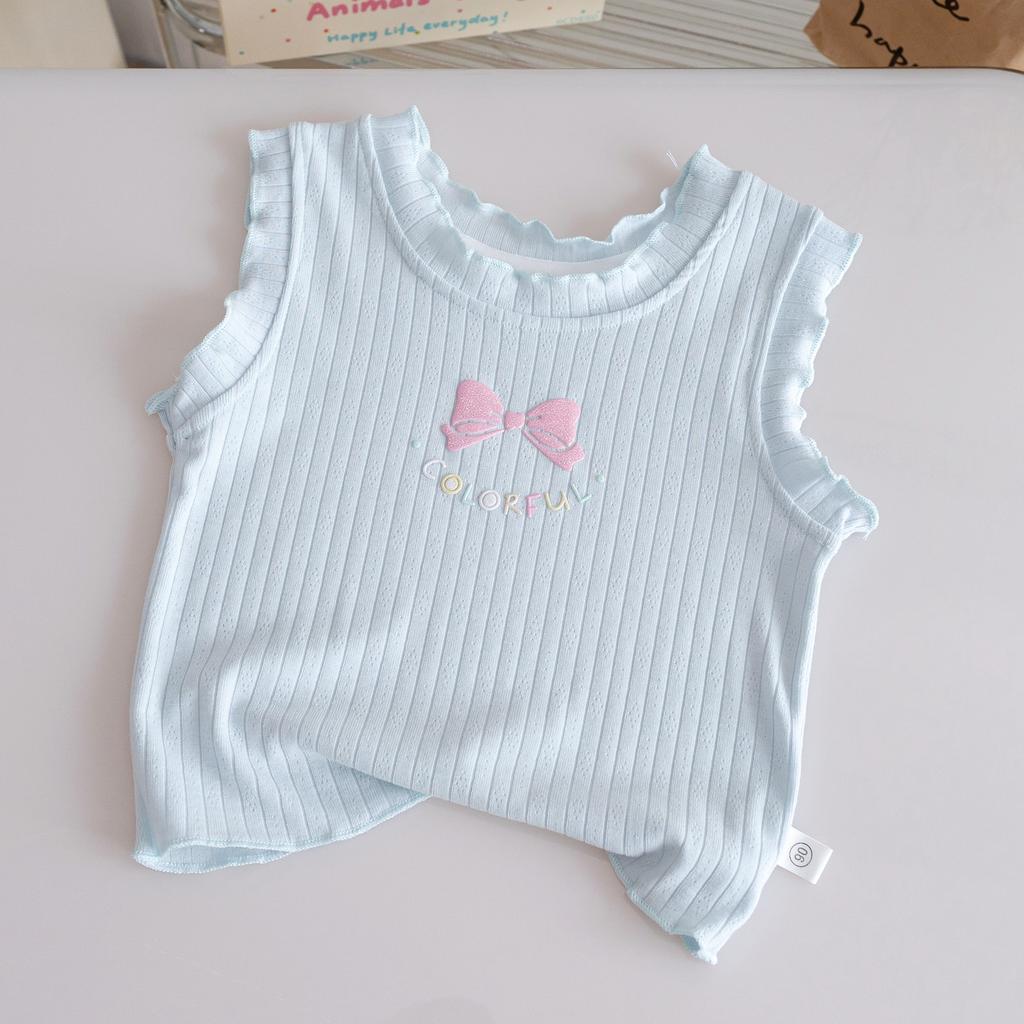 Girls Summer Cartoon Lace Bow Sleeveless T Shirt Candy Stylish Outer Wear Top For Kids