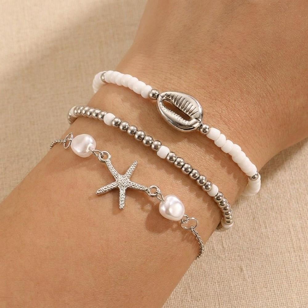 3Pcs Pearl Shell Bracelet Set Stretch Bohemia Beaded Bracelet Set Universal Charm Multiple Layers Bracelet Women's Jewelry