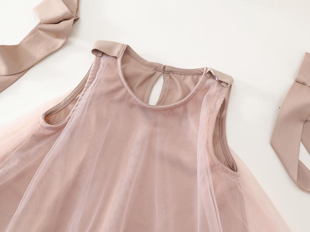 Korean Style Girls' Summer 2025 Bowknot Mesh Princess Party Dress