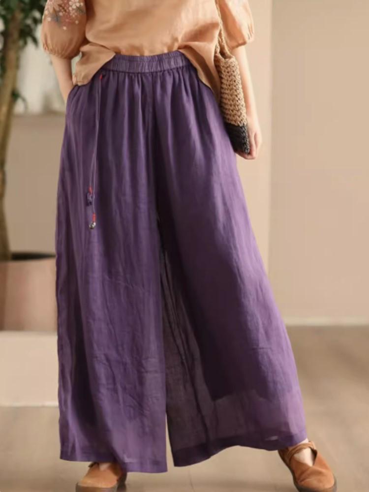 

Женские винтажные широкие брюки Johnature, однотонные летние брюки с эластичной резинкой на талии, свободные повседневные брюки One Size фиолетовый