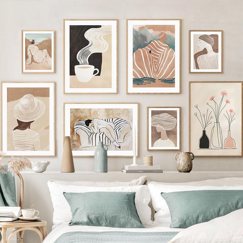 Striped Girl Coffee Vase Flower Abstract Posters Prints Wall Art Canvas Painting Hotel Bar Wall Pictures For Living Room Decor