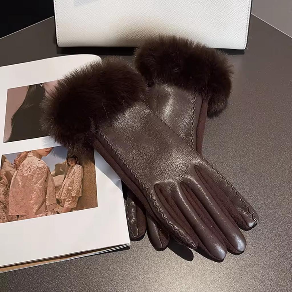 Winter Warm PU Leather Gloves for Women Waterproof Fleece Warm Windproof Gloves Fashionable Elegant Artificial Edge Cuffs Warm