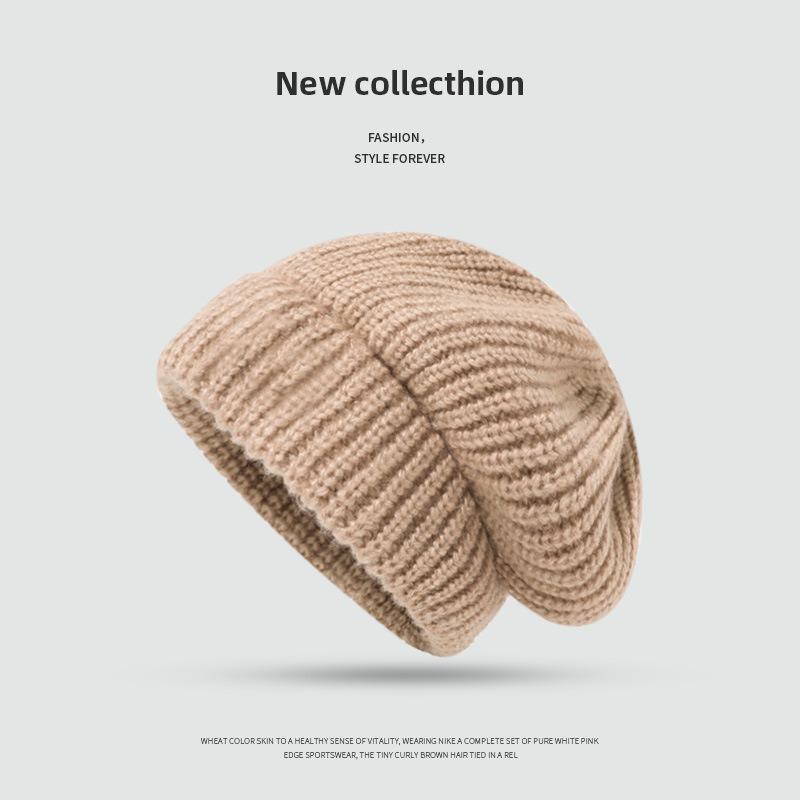 Big Head Circumference Knitted Wool Hat Simple and Versatile Plain Face Three-in-one Cover Hat Autumn and Winter Women Keep Warm