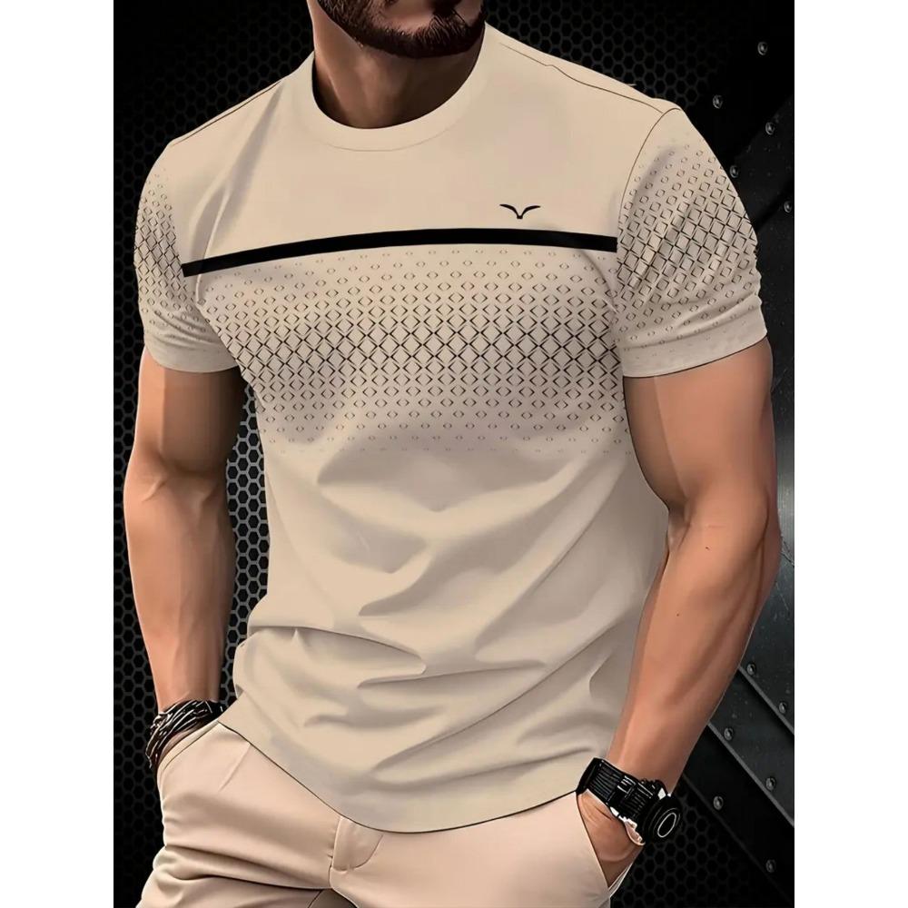 3D printed color striped men's T-shirt with anchor pattern short sleeved T-shirt