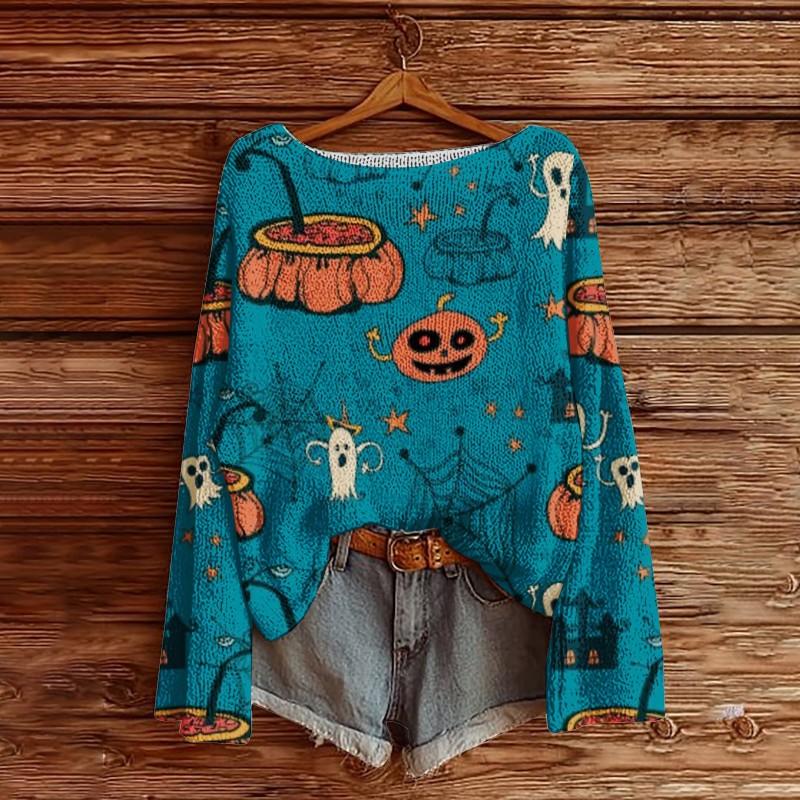 Womens Loose Long Sleeve Knit Sweater 3D Print Halloween Casual Top