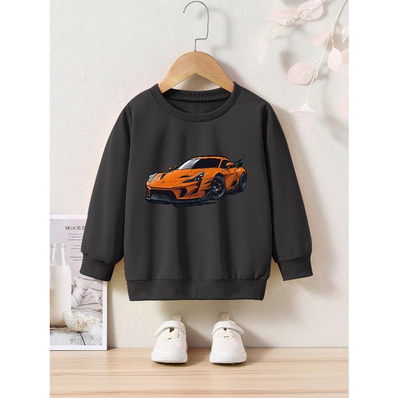 Kids Sweatshirt Cartoon Sports Car Print Crew Neck Sweatshirt - Casual Active Pullover & Under - Applique Design, Regular Fit