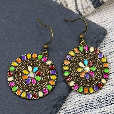 Vintage Bohemian Round Drop Earrings for Women Ethnic Simple Drop Oil Flower Shaped Temperament Earrings Female Jewelry