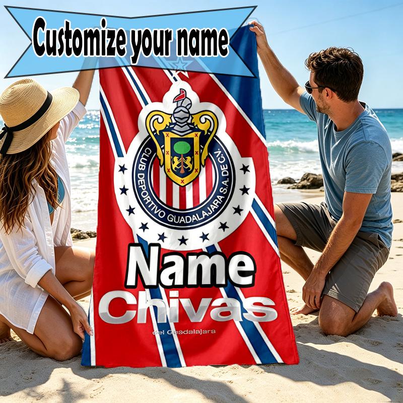 Custom Name Personalized Club Deportivo Guadalajara Print Beach Towel, for Trip Camping Beach Party Home Decor, Birthday Gift for Family & Friends