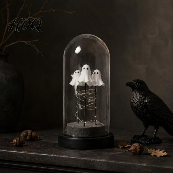 Indoor Halloween Display Ornament Decorations 3 Mini Light Up Ghost in Cloche Night with LED Lamp for Party Warm Lights Cute Spooky Decor