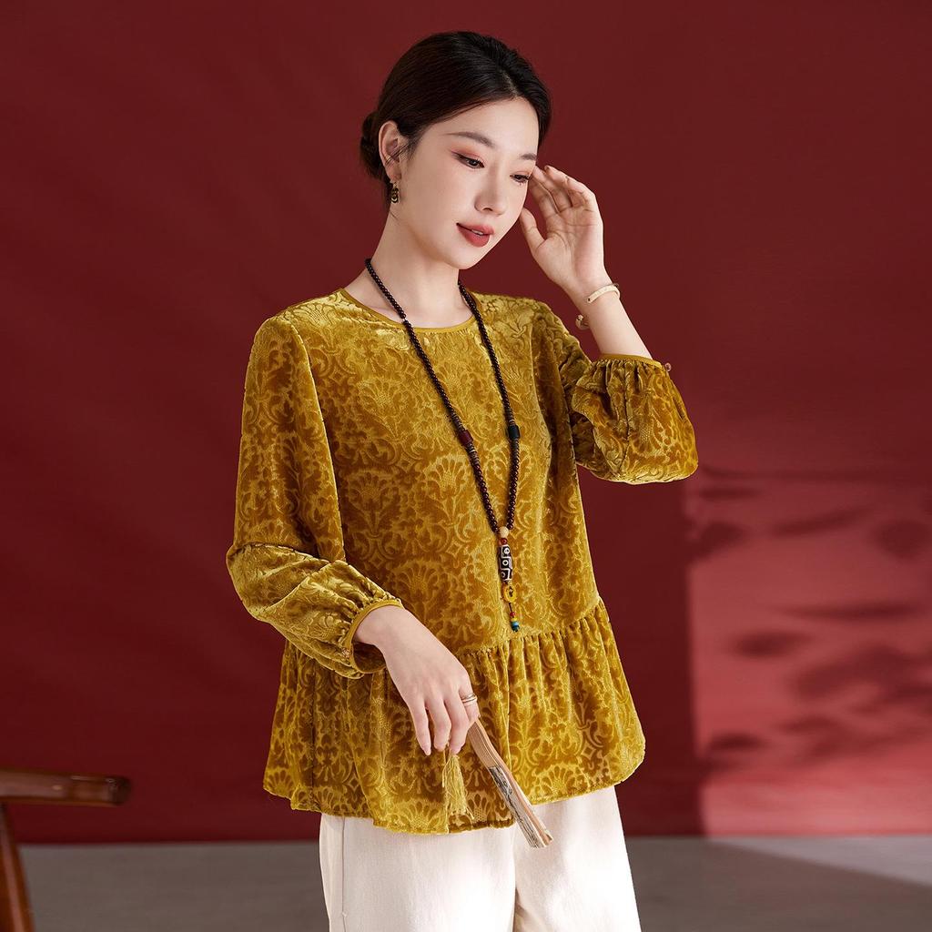 Damtopp med lång ärm i sidenvelour - Ungdomligt kinesiskt lapptäcksmönster, Rundhalsmodell