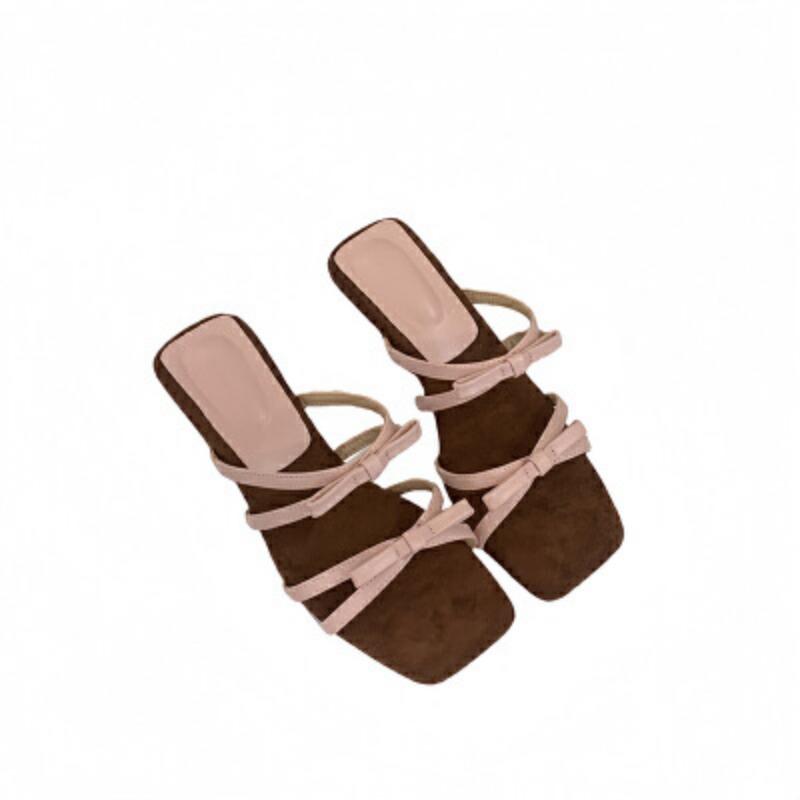 Autumn new sweet bow square head wedge heel high heel one-word drag outside wear cool slippers
