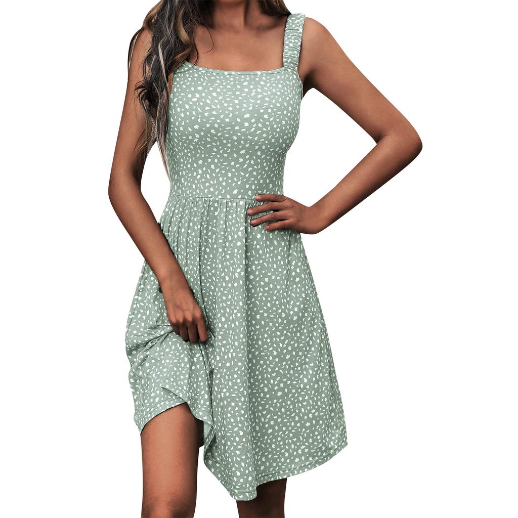 Women's Summer Casual Square Neck Dress With Pockets Cute Sleeveless High Waisted A-Line Vest Midi Dress