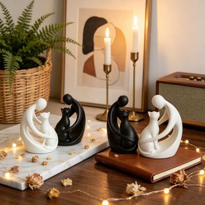 Minimalist Abstract Human And Cat Figurine Modern Decorative Men Women Cat Statue for Home Office Table Shelf Desk Entryway Decor