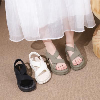 New Thick-soled Elastic Sandals Women's 2025 Summer New Korean Version Cross-strapped Open-toed Sandals Fairy Style Sandals