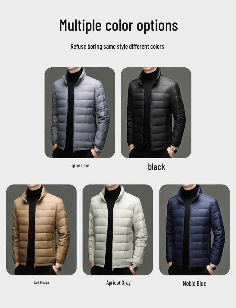 Men's Lightweight Stand Collar Down Jacket - Warm, Trendy, Versatile Dad Style Winter Coat with 90% White Duck Down.