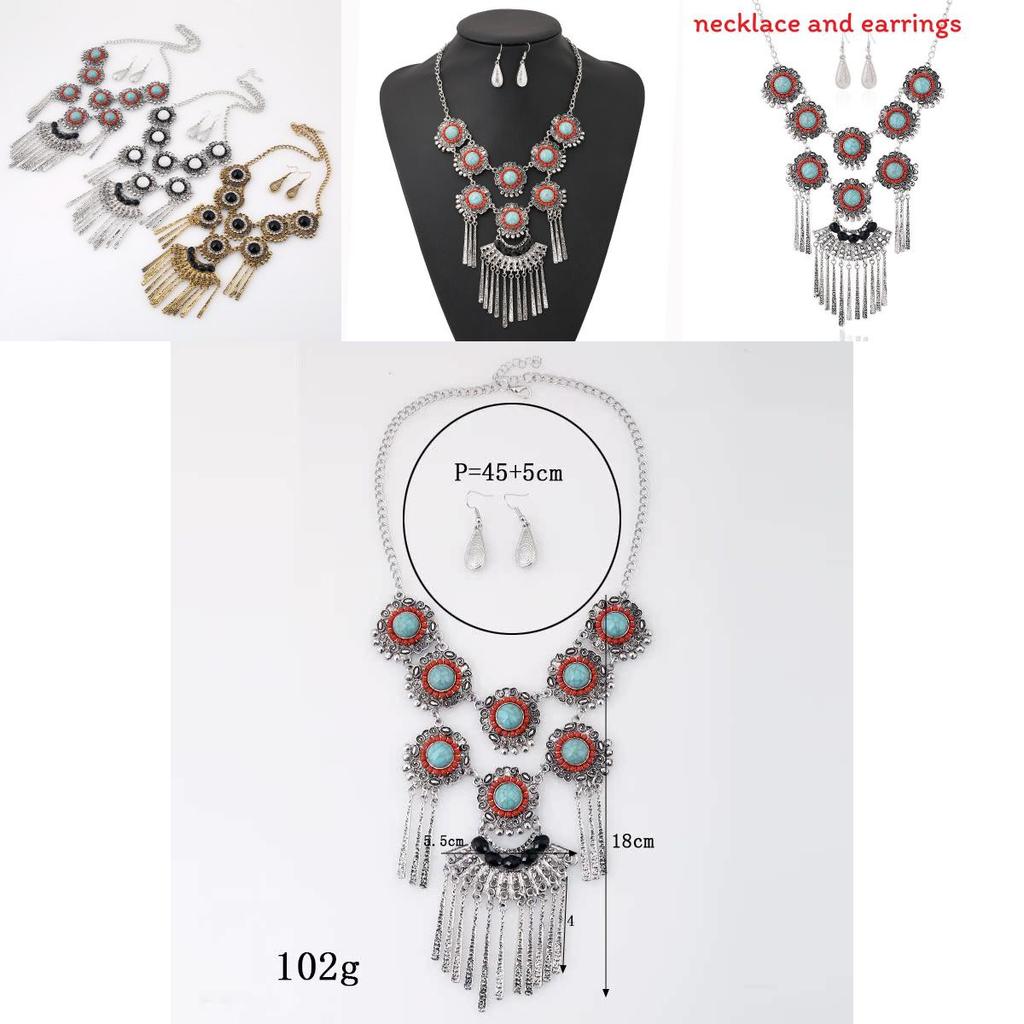 Ethnic Style Simulation Gemstone Decor Women Round Flower Necklace With Tassel For Boho Style Jewelry
