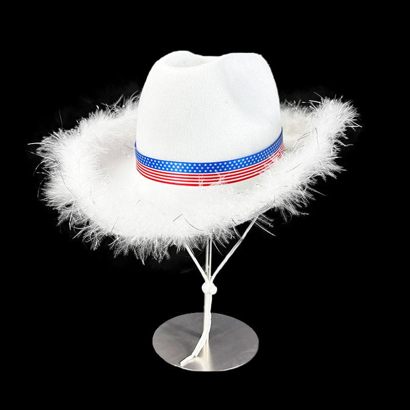 White Frayed Denim Hat With Us Flag Ribbon For Festive Events And Celebration Costumes