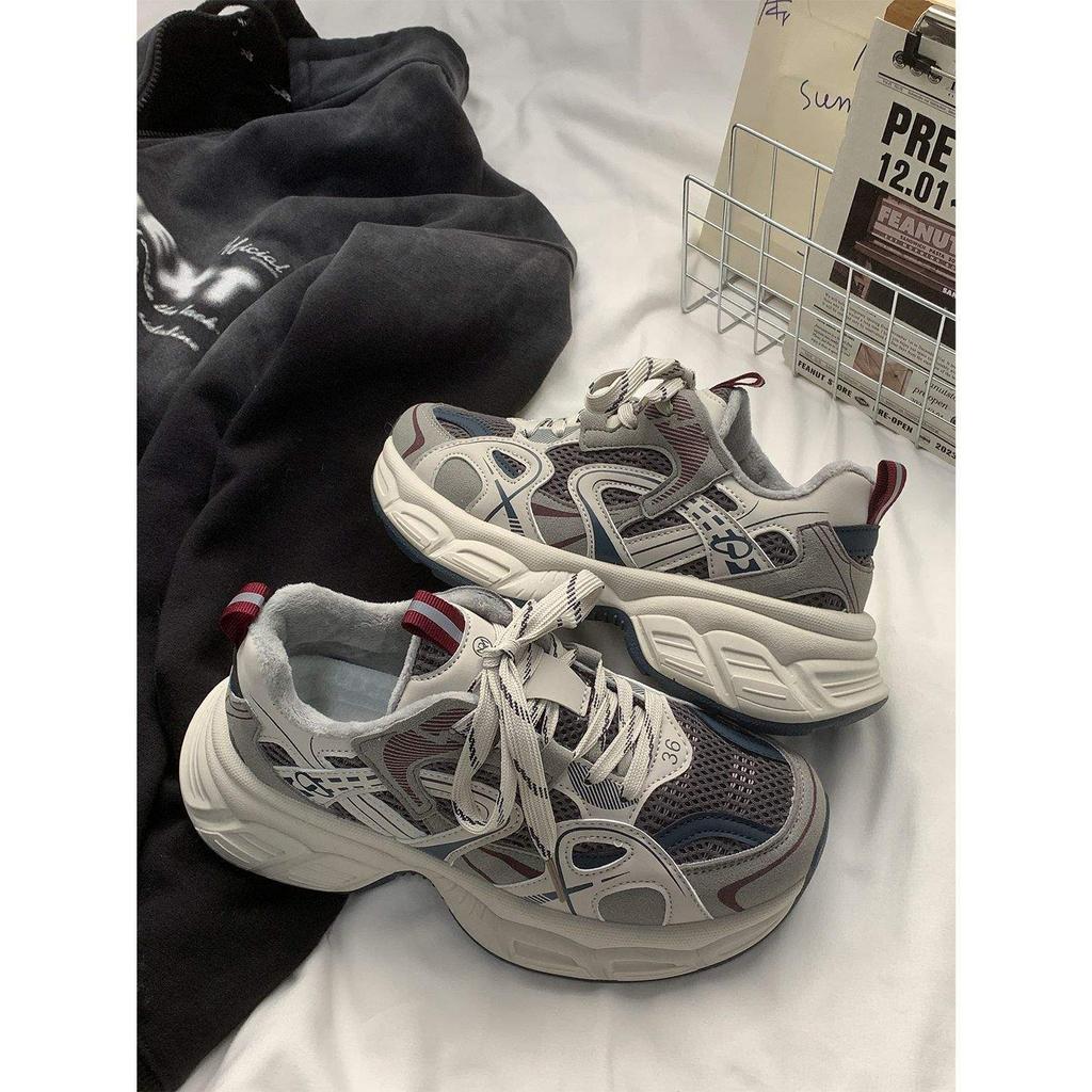 Cement gray low-top trend velvet leisure college thick-soled heightening fashion youth lace-up Hong Kong style warm dad shoes