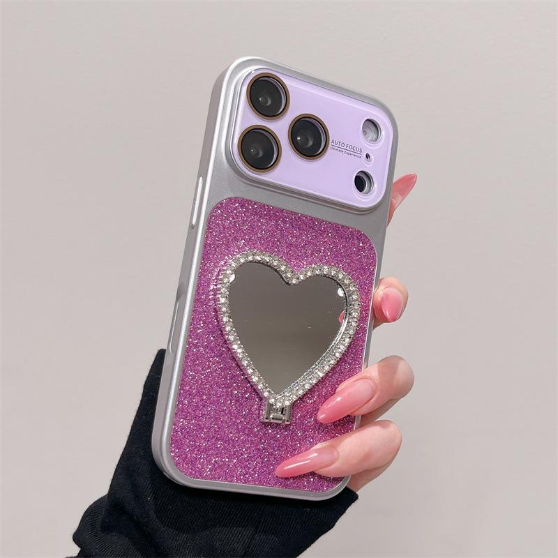 Glitter Heart Mirror Stand Case for iPhone 13/14/15/16/17 Pro Max