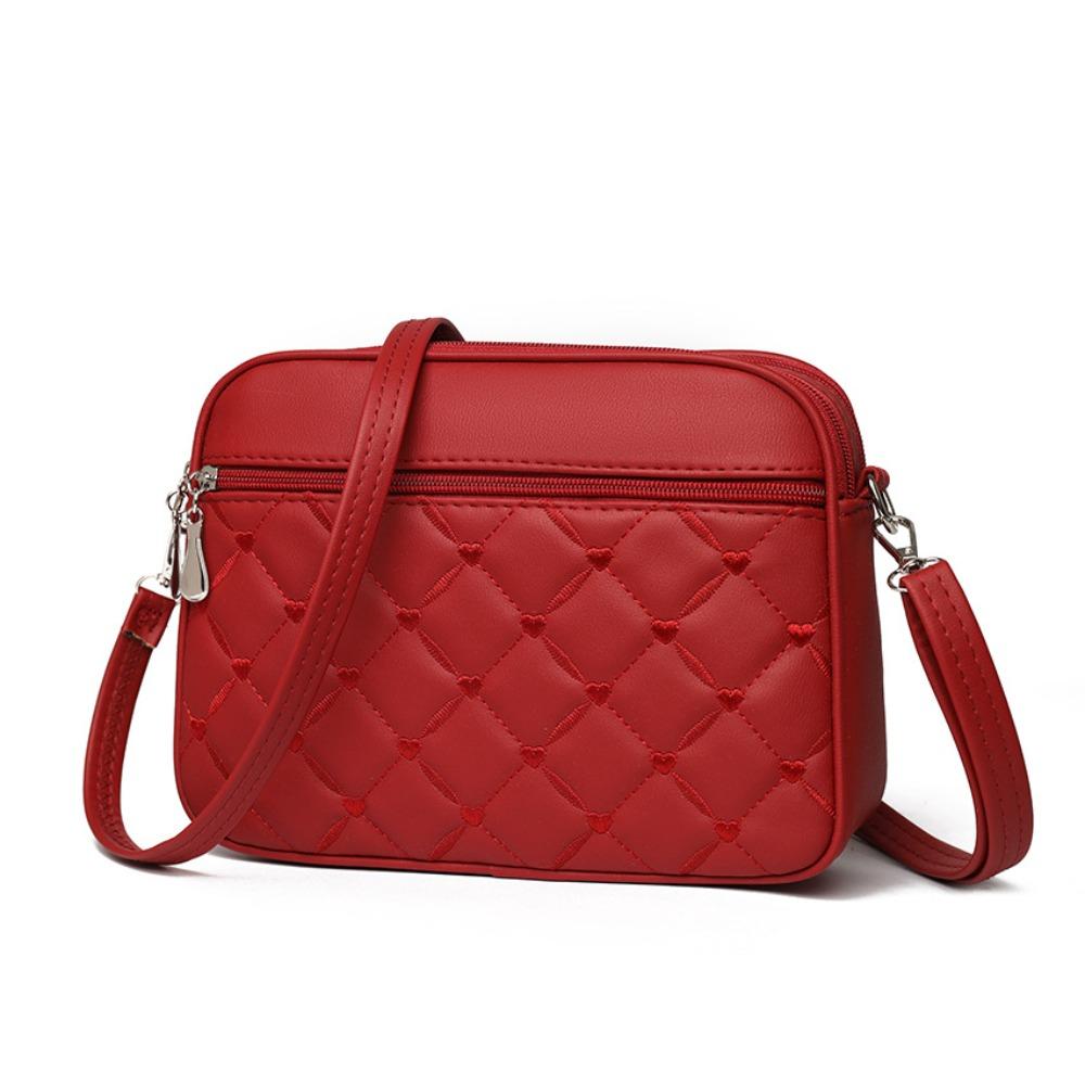 PU Leather Crossbody Bag Heart-shaped Embroidery Zipper Messenger Bag Solid Color Small Square Bags for Women Ladies