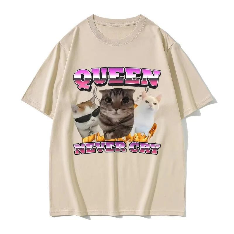 Vintage Queen Never Cry Cat Funny Meme Graphic T Shirt Womens Casual Humor Silly Cat Lover T Shirt Short Sleeve TShirt Y2K Top S