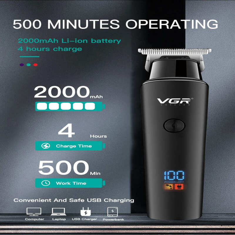 VGR Hair Trimmer 0mm Hair Clipper LED Display Hair Cutting Machine Professional Electric Rechargeable 0mm Trimmer for Men V-937