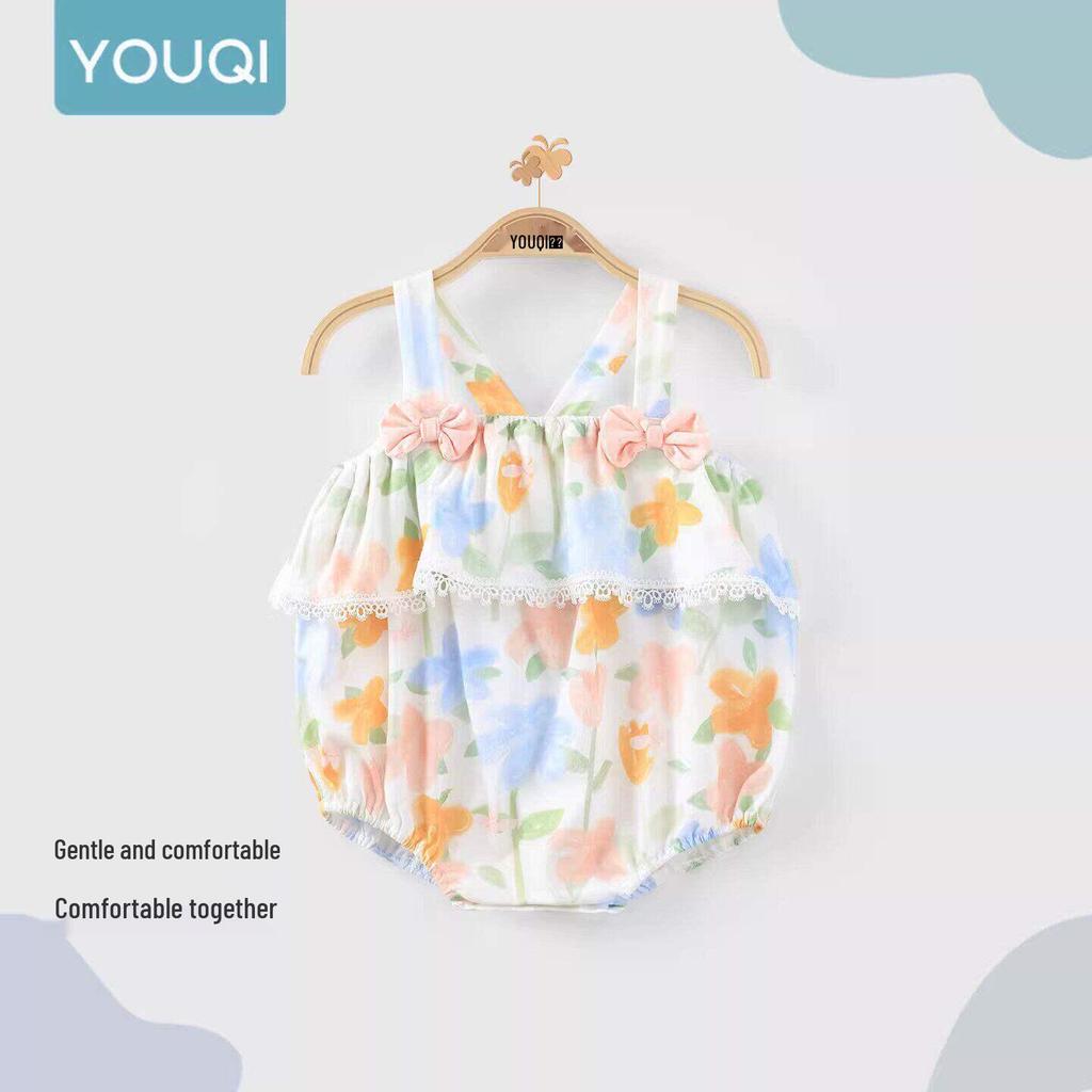 Youqi Newborn Summer Triangle Romper - Thin Style Baby Bodysuit with Straps, Class A, Size 6