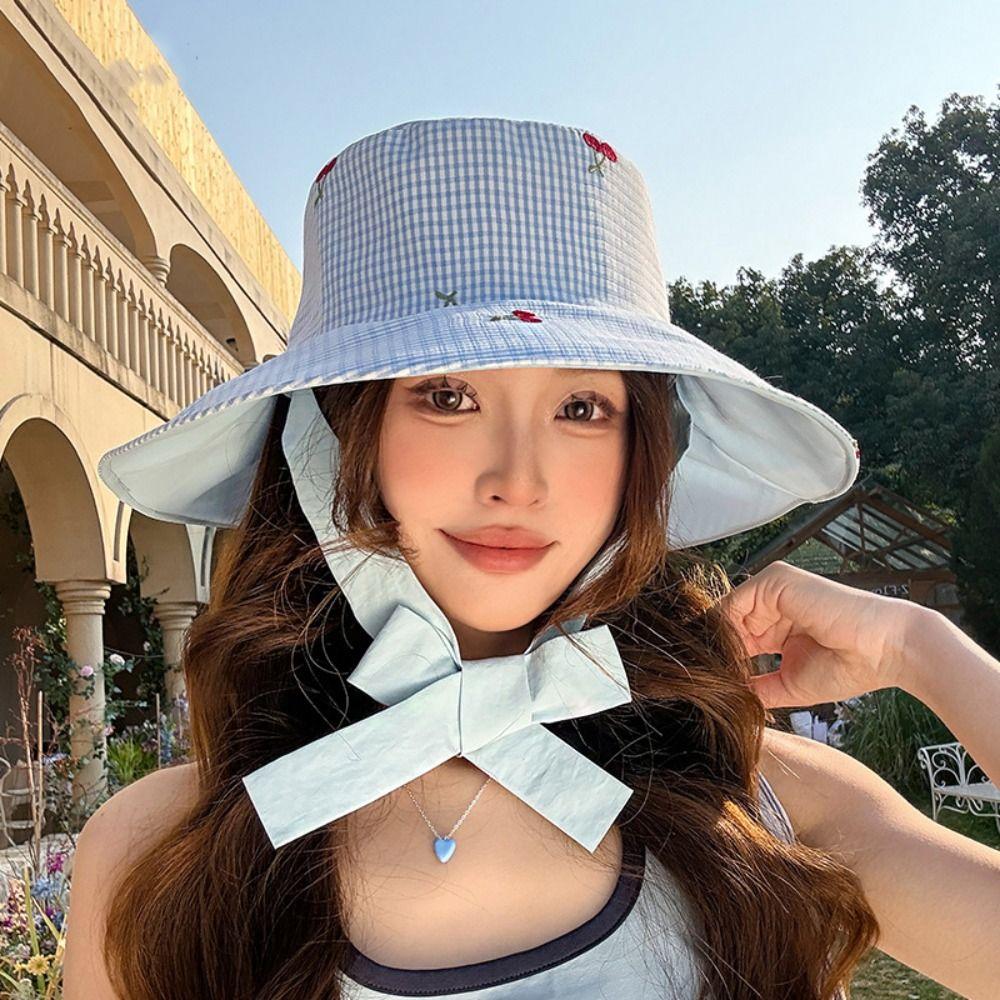 Double Sided Wearable Summer Sun Hat Ribbon Embroidered Cherry Bucket Hat Sunscreen Visor Cap  Girl