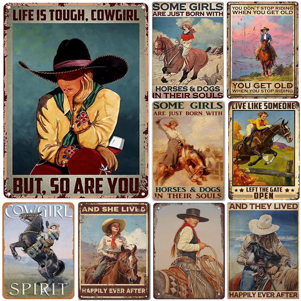 Vintage Cowgirl Metallschild Retro Westlich Reiten Zitat Blechschild für Heimbar Bauernhaus Dekoration Das Leben ist Hart Spirituell Wi