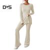 Women Two Pieces Suit Winter Autumn Knitted Long Sleeve Ribbed Slit Top High Waist Flared Trousers Set Fashion Outfit