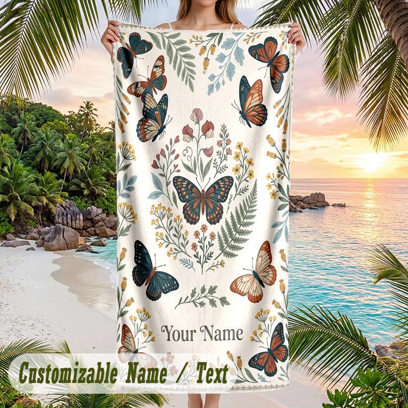 Butterflies Birds Night Sky Theme Quick Dry Beach Towel Custom Name Text Print Large Sand Resistant Towel Beach Vacation