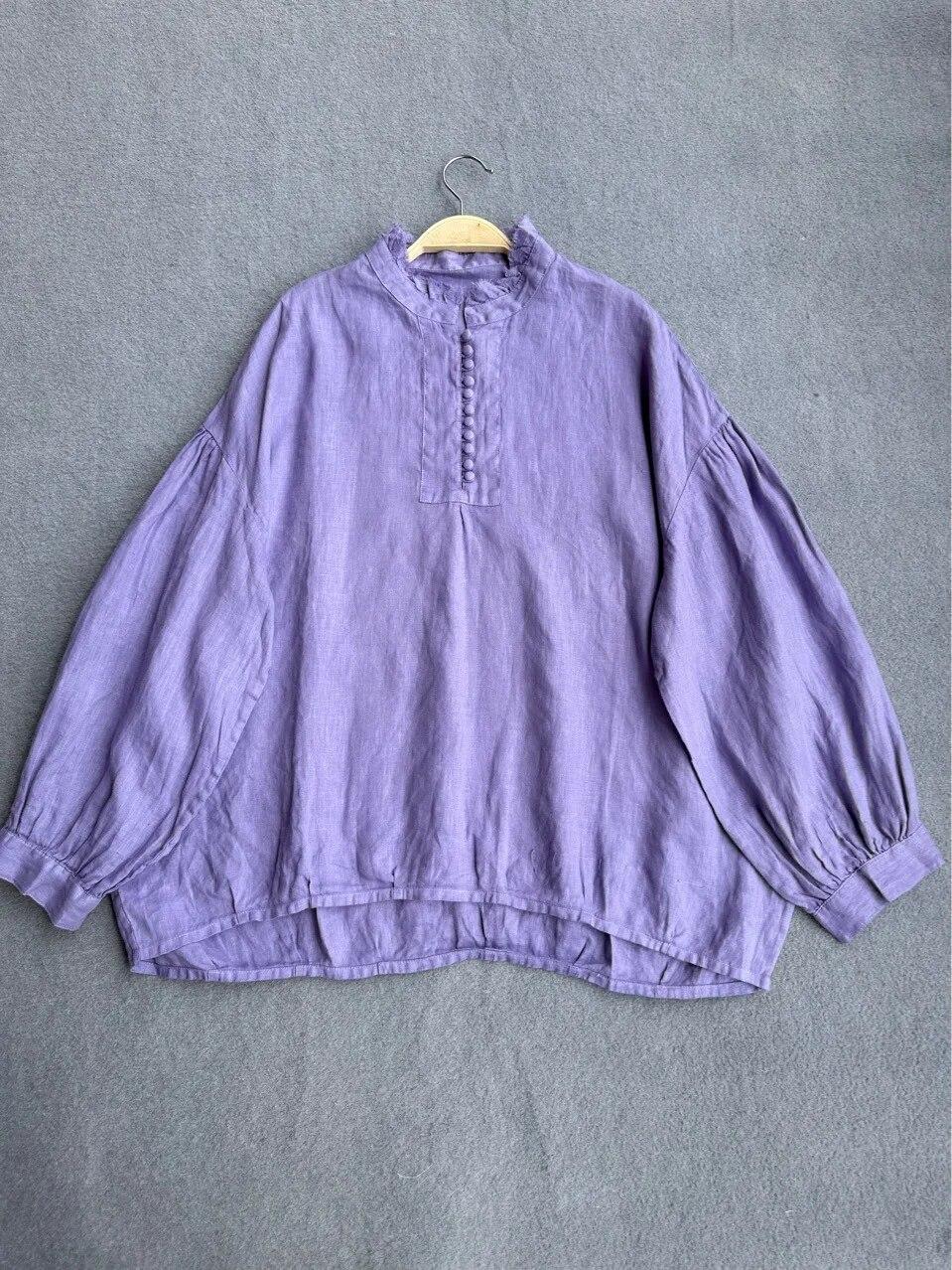 

Johnature японские винтажные женские топы с оборками и воротником, летние повседневные однотонные блузки с пуговицами нерегулярной формы One Size фиолетовый