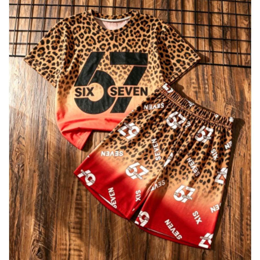 

Kids Set Fun Leopard 67 Number Printed Kids T-shirt and Shorts 2 Piece Set Summer Casual Outdoor Street Boy s and Girl s T-shirt Sets 100